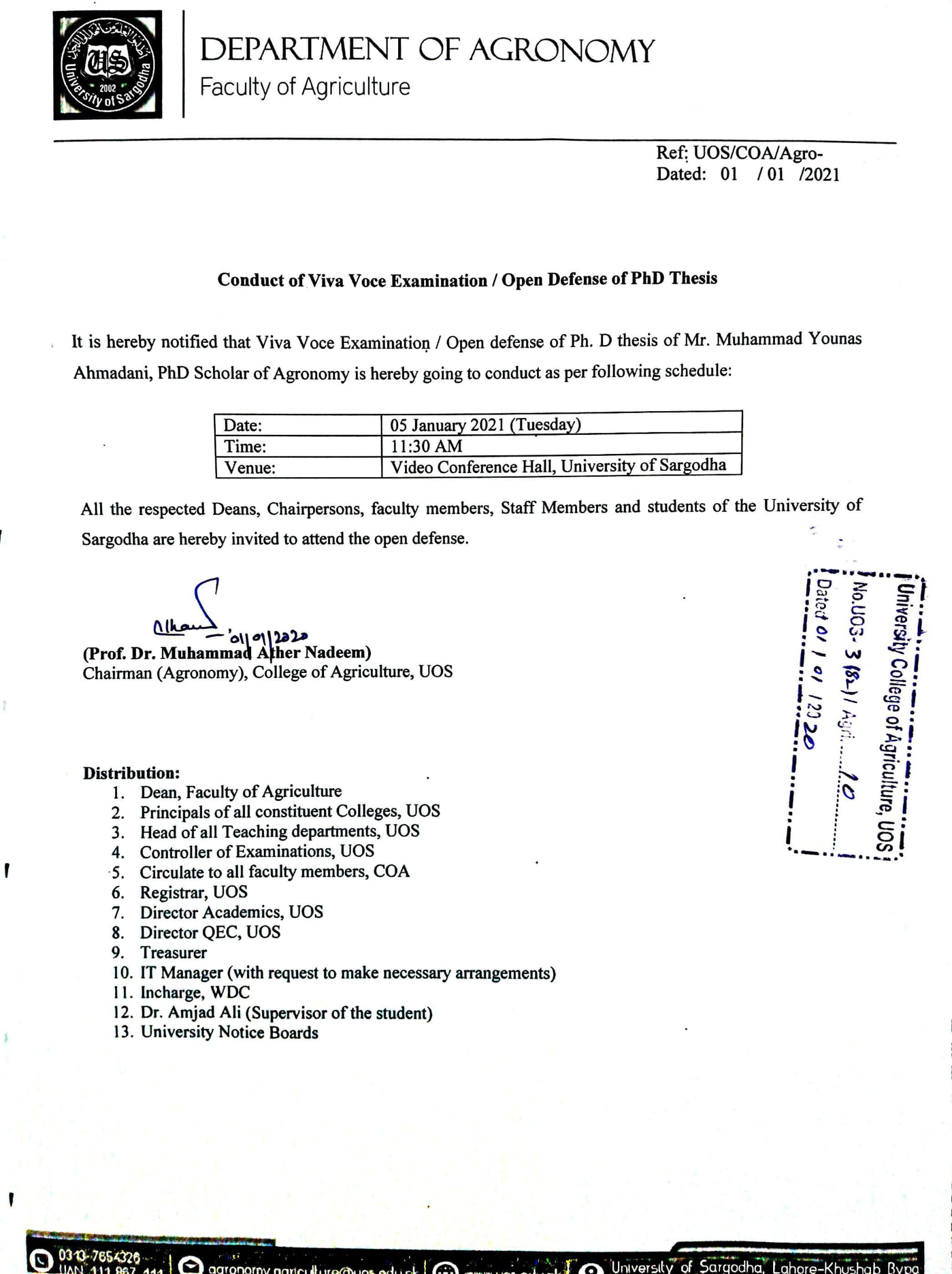 Viva Voce Exam / Open Defense of PhD Scholar Agronomy